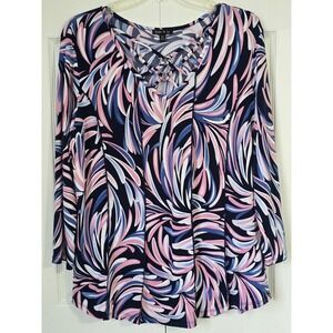Sami & Jo XL Navy Pink Abstract Feather Print 3/4 Sleeve Scoop Neck Blouse Top